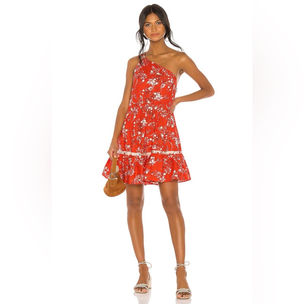 *New* Free People Floral One Shoulder Red Tiered Mini Dress, Size Small